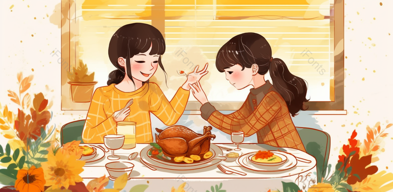 唯美女孩聚餐母亲节插画手绘黄色温馨母子吃饭感恩节背景素材,插画/手绘图,插画/手绘图库,插画/手绘图下载,插画/手绘